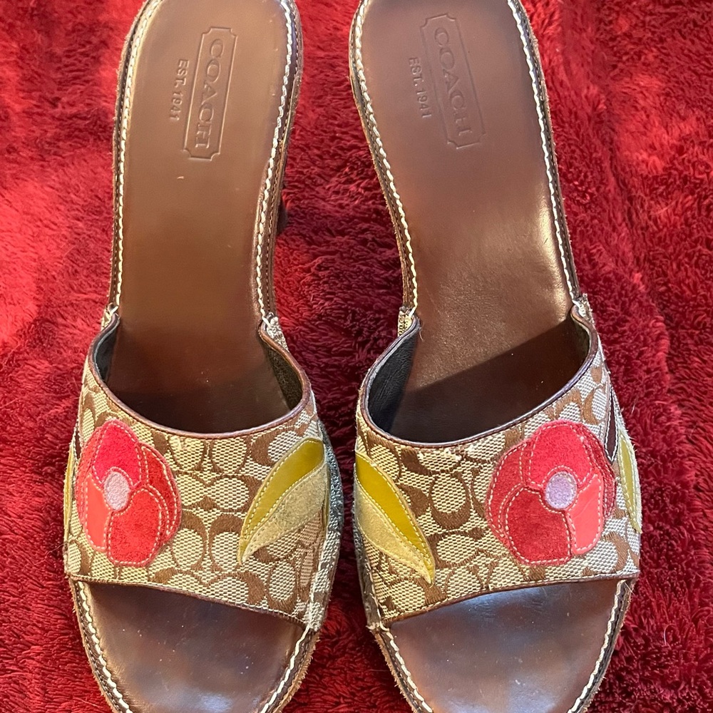 Coach Brown and Red Floral Mules